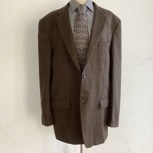Joseph & Feiss Gold brown windowpane plaid wool 2 button notch collar jacket 46L